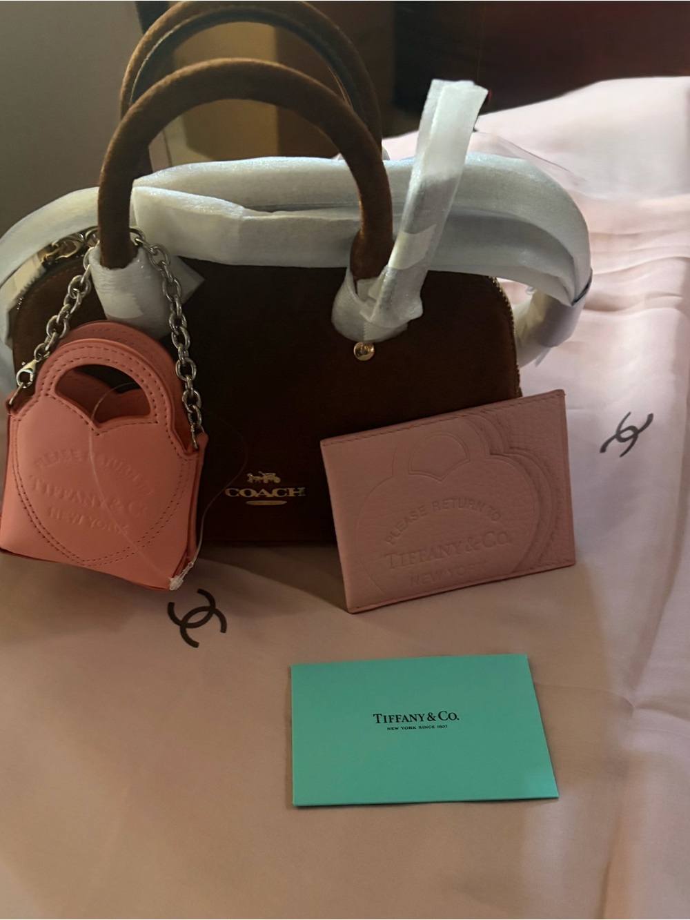 Coach Brown Suede Satchel with Tiffany&Co Pink Leather Card Holder and Charm